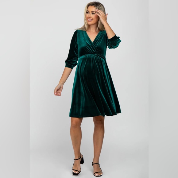 Pinkblush Green Velvet Wrap Front Babydoll Maternity Dress NWT - Picture 3 of 6
